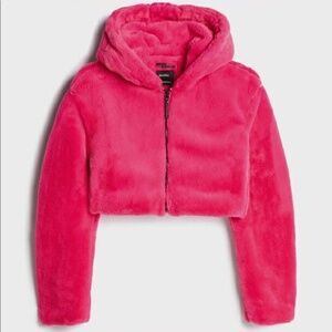 CROPPED HOT PINK FAUX FUR ZIP HOODIE